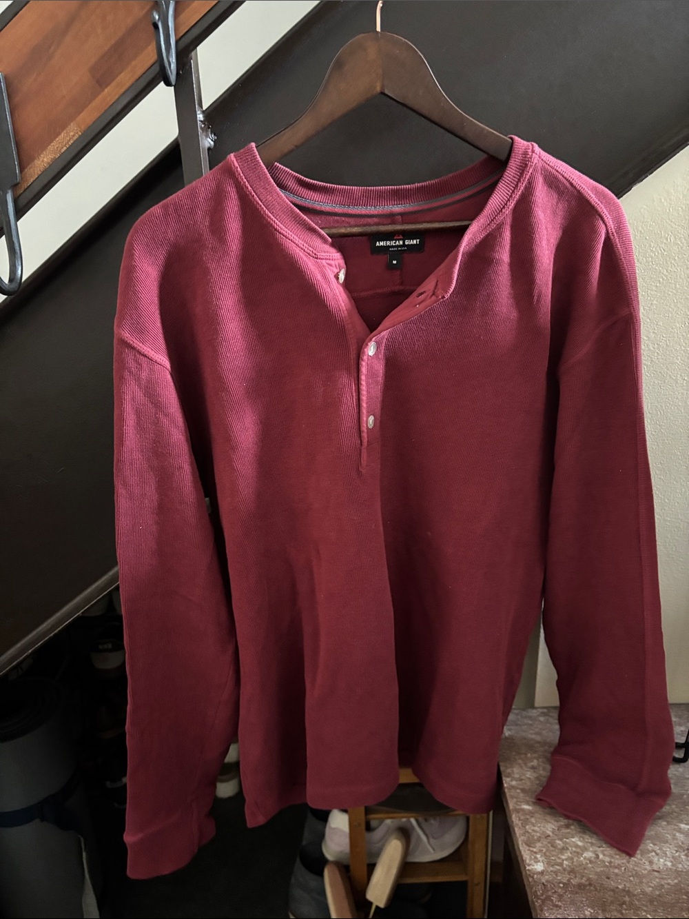 American Giant Men's Maroon Long-Sleeve Henley Shirt